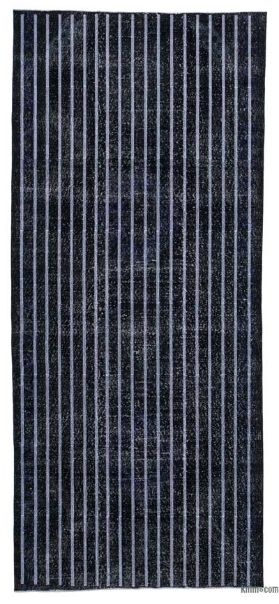 Siyah İşlemeli ve Boyalı El Dokuma Vintage Halı - 140 cm x 322 cm
