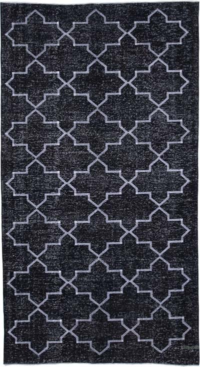 Siyah İşlemeli ve Boyalı El Dokuma Vintage Halı - 159 cm x 295 cm