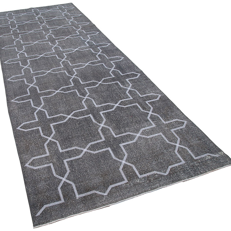 Gri İşlemeli ve Boyalı El Dokuma Vintage Halı - 142 cm x 395 cm - K0038742