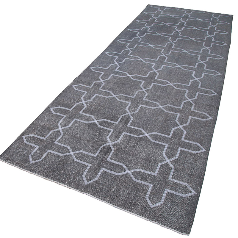 Gri İşlemeli ve Boyalı El Dokuma Vintage Halı - 142 cm x 395 cm - K0038742