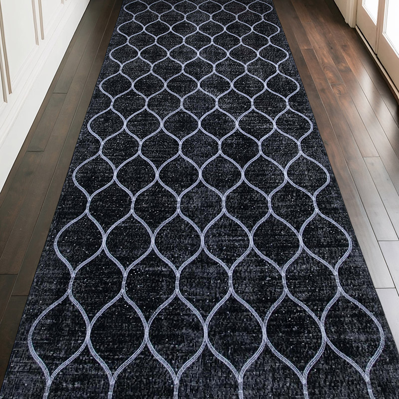 Siyah İşlemeli ve Boyalı El Dokuma Vintage Halı - 148 cm x 385 cm - K0038743