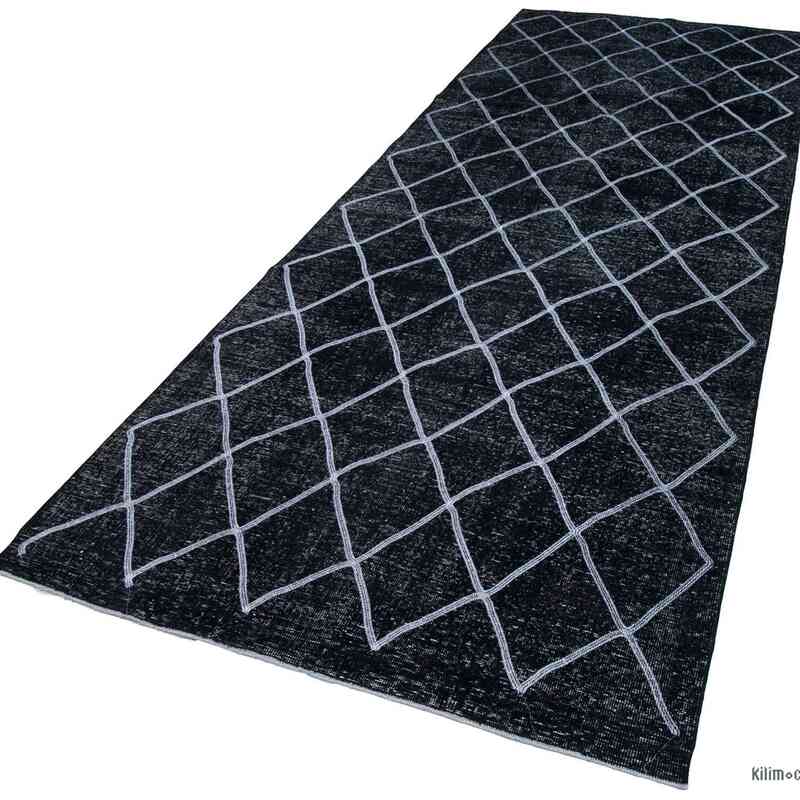 Black Embroidered Over-dyed Turkish Vintage Runner - 4' 8" x 12' 10" (56 in. x 154 in.) - K0038745