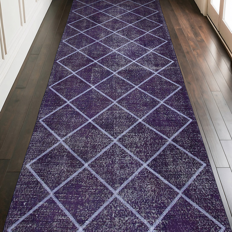Púrpura Alfombra Turca bordada sobre teñida vintage - 143 cm x 390 cm - K0038746