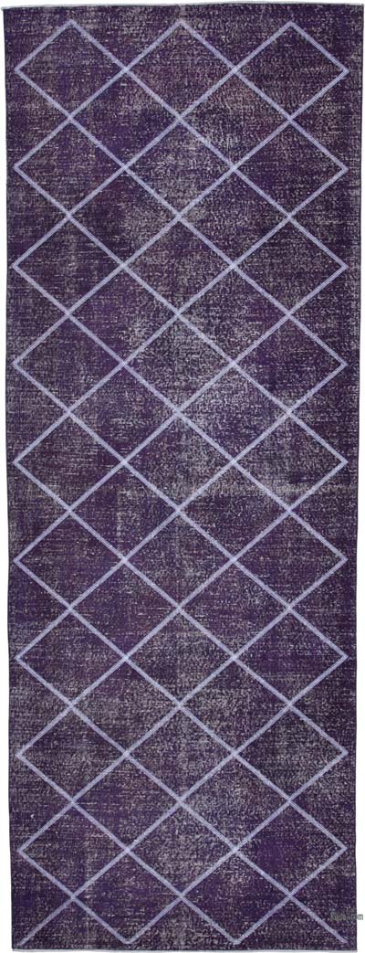 Mor İşlemeli ve Boyalı El Dokuma Vintage Halı - 143 cm x 390 cm