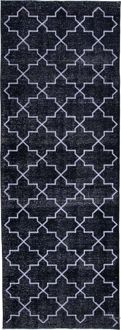 Siyah İşlemeli ve Boyalı El Dokuma Vintage Halı - 142 cm x 395 cm