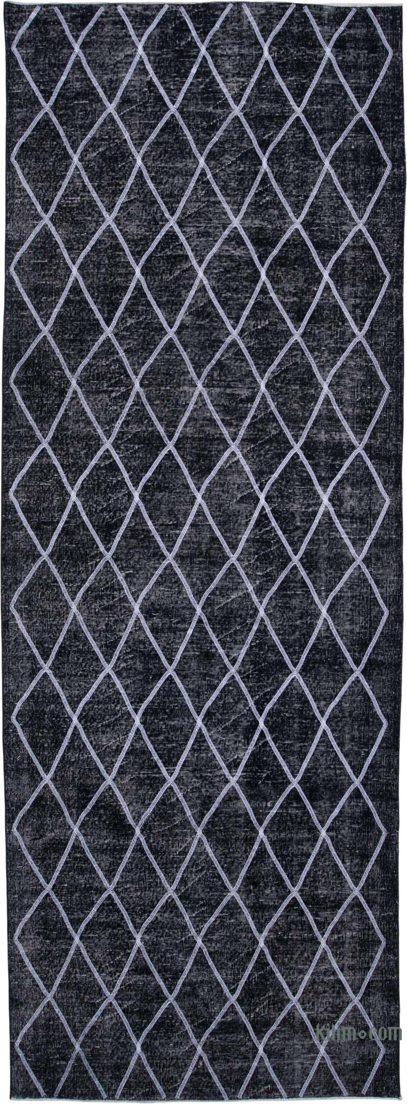 Siyah İşlemeli ve Boyalı El Dokuma Vintage Halı - 143 cm x 395 cm - K0038752