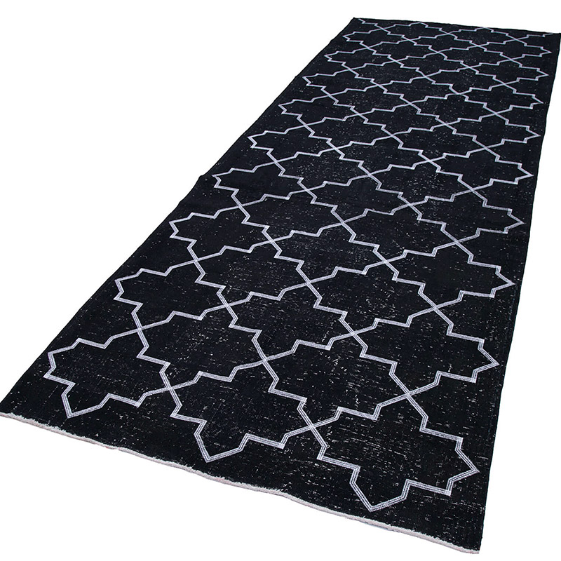 Negro Alfombra Turca bordada sobre teñida vintage - 143 cm x 386 cm - K0038755