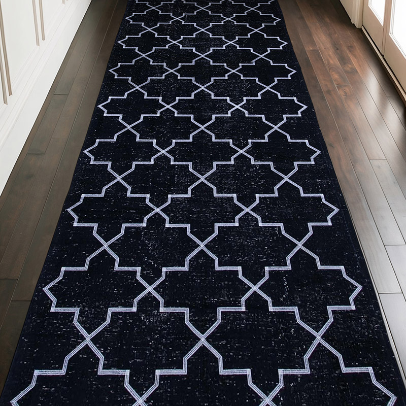 Negro Alfombra Turca bordada sobre teñida vintage - 143 cm x 386 cm - K0038755