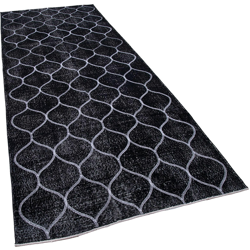 Negro Alfombra Turca bordada sobre teñida vintage - 142 cm x 360 cm - K0038756