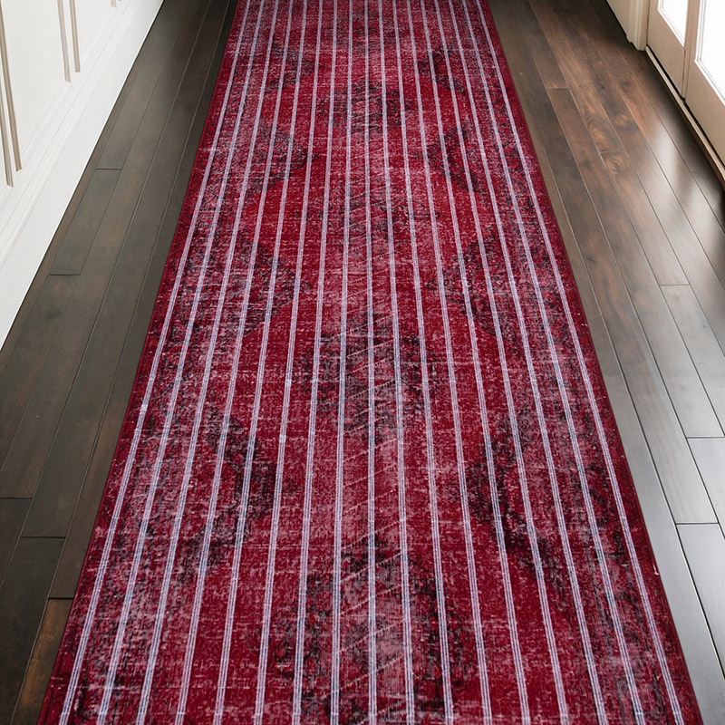 Kırmızı İşlemeli ve Boyalı El Dokuma Vintage Halı - 140 cm x 396 cm - K0038758
