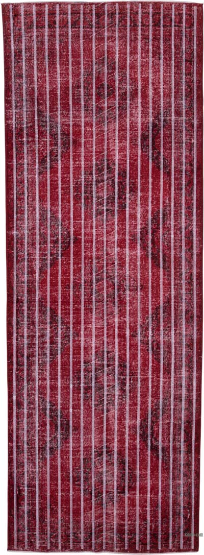 Kırmızı İşlemeli ve Boyalı El Dokuma Vintage Halı - 140 cm x 396 cm