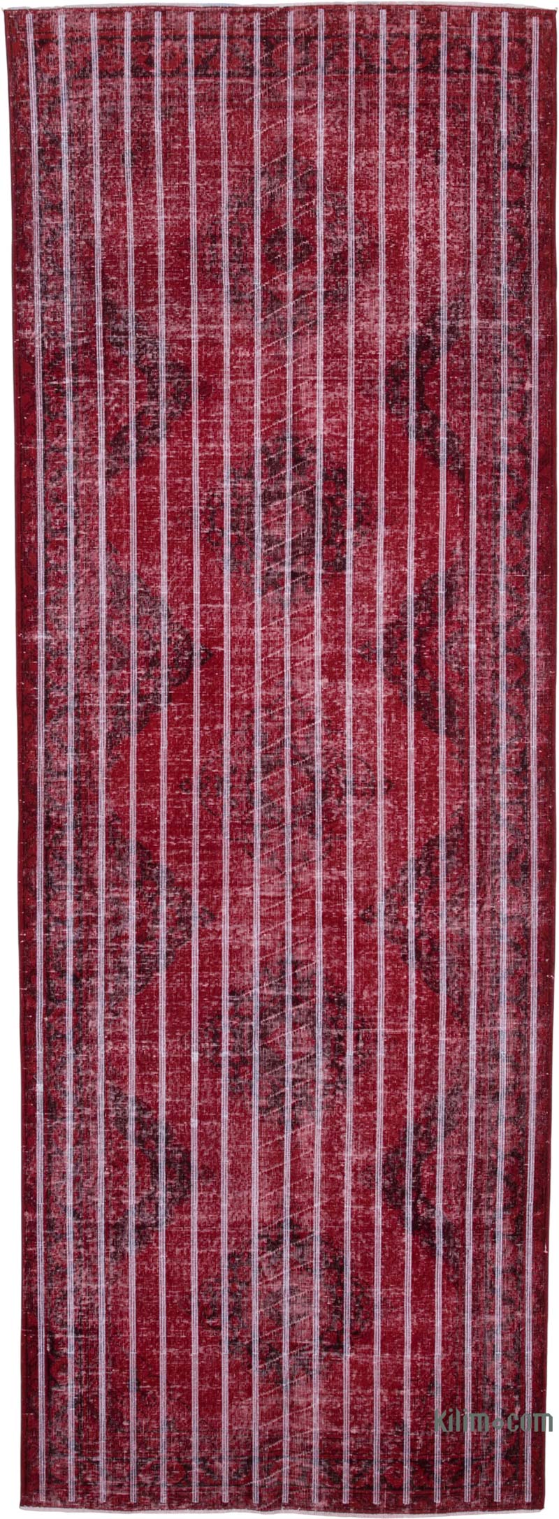 Kırmızı İşlemeli ve Boyalı El Dokuma Vintage Halı - 140 cm x 396 cm - K0038758