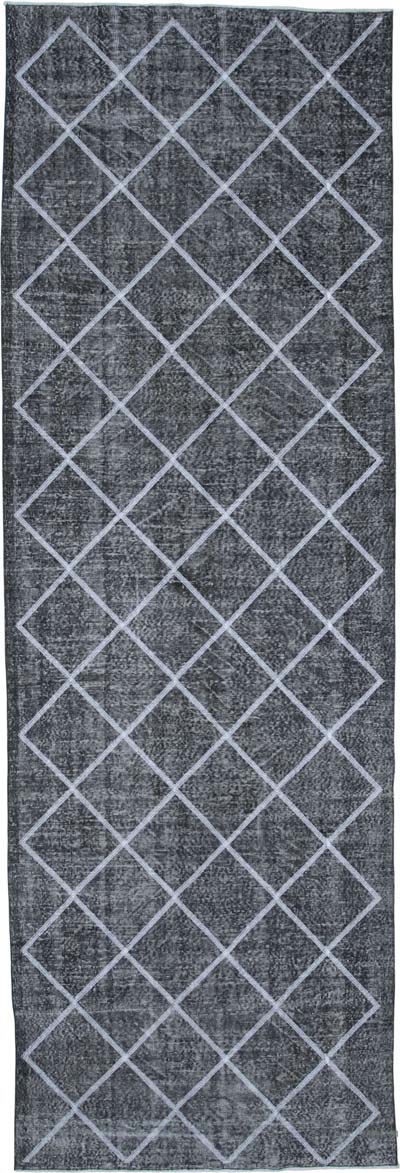 Gri İşlemeli ve Boyalı El Dokuma Vintage Halı - 141 cm x 423 cm