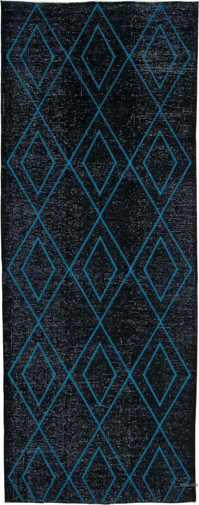 Siyah İşlemeli ve Boyalı El Dokuma Vintage Halı - 148 cm x 380 cm