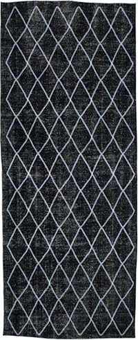 Siyah İşlemeli ve Boyalı El Dokuma Vintage Halı - 147 cm x 367 cm