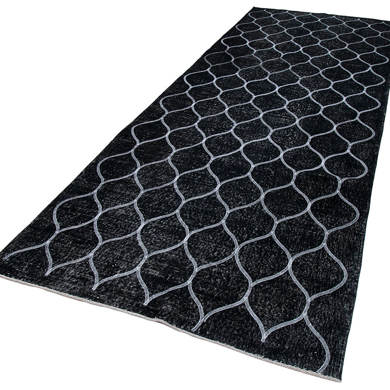 Siyah İşlemeli ve Boyalı El Dokuma Vintage Halı - 150 cm x 387 cm - K0038770