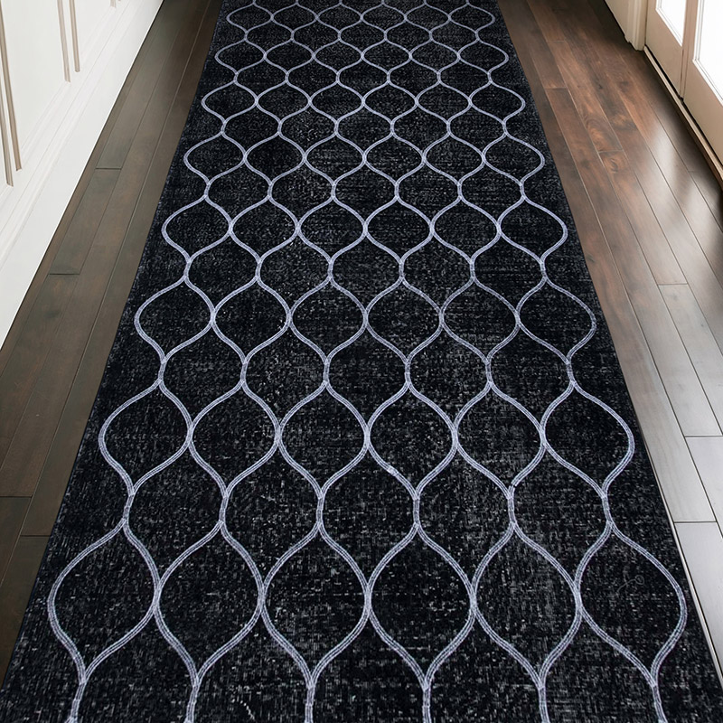 Siyah İşlemeli ve Boyalı El Dokuma Vintage Halı - 150 cm x 387 cm - K0038770