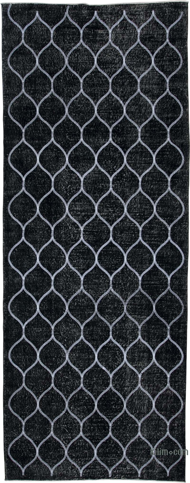 Siyah İşlemeli ve Boyalı El Dokuma Vintage Halı - 150 cm x 387 cm - K0038770