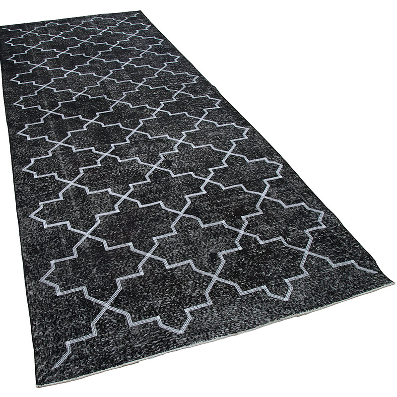 Negro Alfombra Turca bordada sobre teñida vintage - 146 cm x 375 cm - K0038771