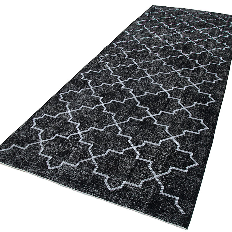 Negro Alfombra Turca bordada sobre teñida vintage - 146 cm x 375 cm - K0038771
