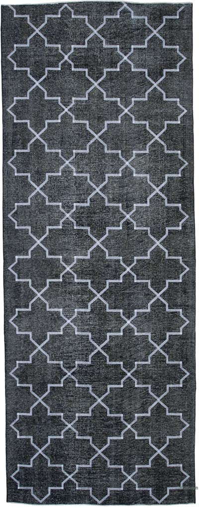 Gri İşlemeli ve Boyalı El Dokuma Vintage Halı - 145 cm x 382 cm