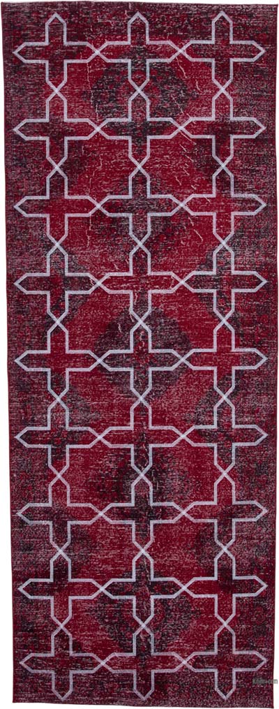 Kırmızı İşlemeli ve Boyalı El Dokuma Vintage Halı - 140 cm x 370 cm