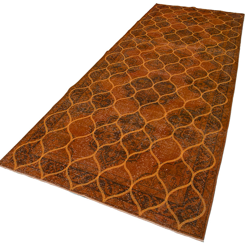 Turuncu İşlemeli ve Boyalı El Dokuma Vintage Halı - 148 cm x 392 cm - K0038775