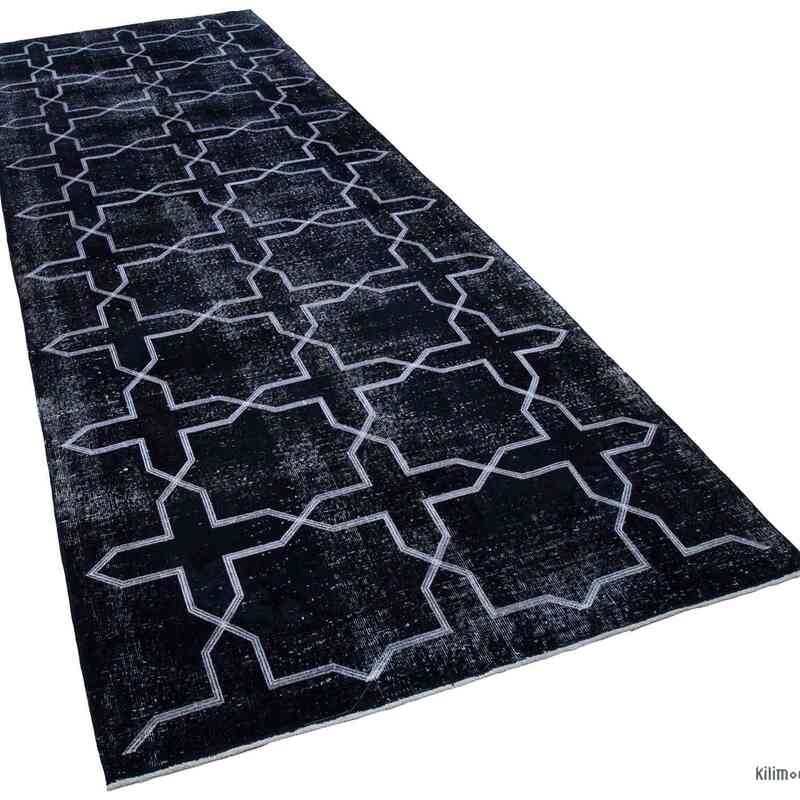 Black Embroidered Over-dyed Turkish Vintage Runner - 4' 7" x 12' 10" (55 in. x 154 in.) - K0038776