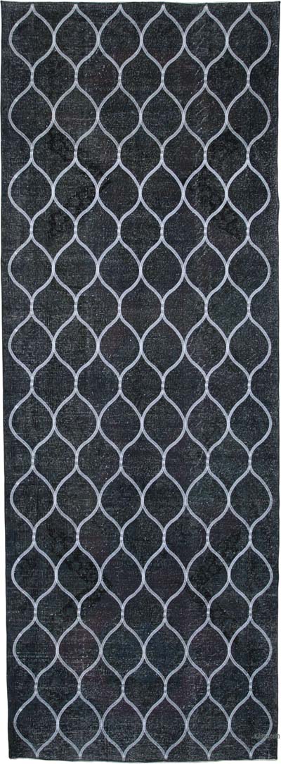 Gri İşlemeli ve Boyalı El Dokuma Vintage Halı - 143 cm x 399 cm