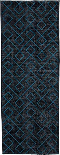 Siyah İşlemeli ve Boyalı El Dokuma Vintage Halı - 149 cm x 396 cm