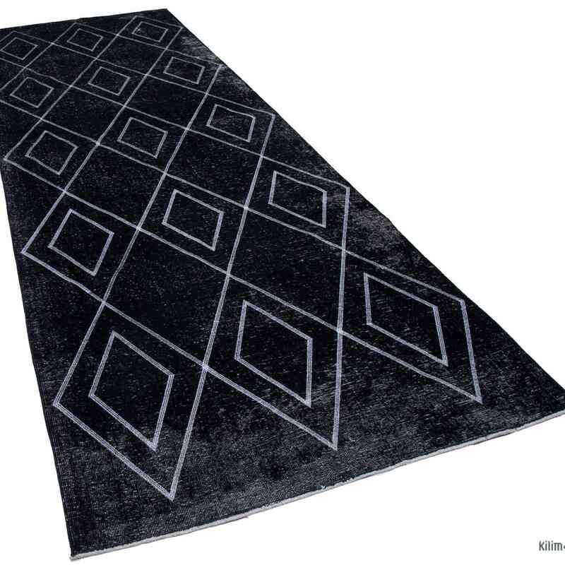 Siyah İşlemeli ve Boyalı El Dokuma Vintage Halı - 143 cm x 420 cm - K0038781