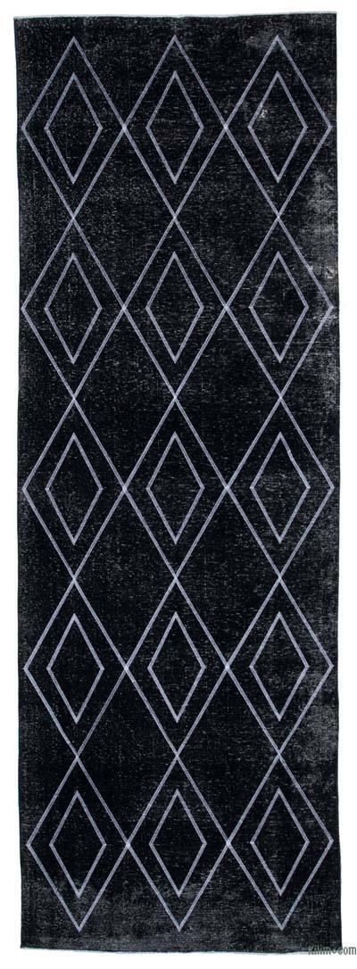 Siyah İşlemeli ve Boyalı El Dokuma Vintage Halı - 143 cm x 420 cm