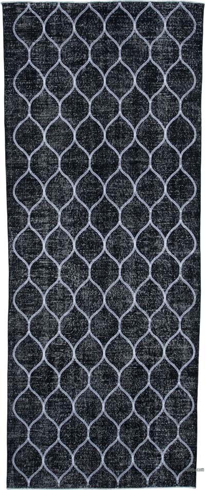 Siyah İşlemeli ve Boyalı El Dokuma Vintage Halı - 141 cm x 358 cm