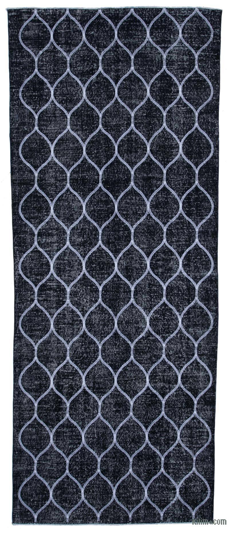 Siyah İşlemeli ve Boyalı El Dokuma Vintage Halı - 141 cm x 358 cm - K0038782