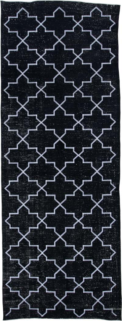 Siyah İşlemeli ve Boyalı El Dokuma Vintage Halı - 145 cm x 388 cm
