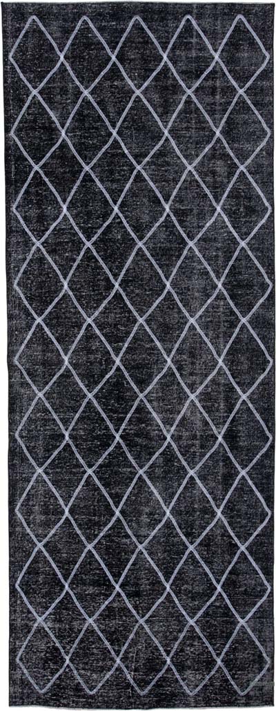 Siyah İşlemeli ve Boyalı El Dokuma Vintage Halı - 144 cm x 377 cm