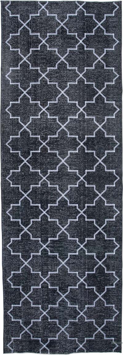 Gri İşlemeli ve Boyalı El Dokuma Vintage Halı - 142 cm x 416 cm