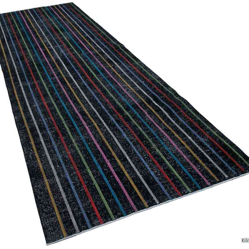 Black Embroidered Over-dyed Turkish Vintage Runner - 4' 8" x 13' 1" (56 in. x 157 in.) - K0038791