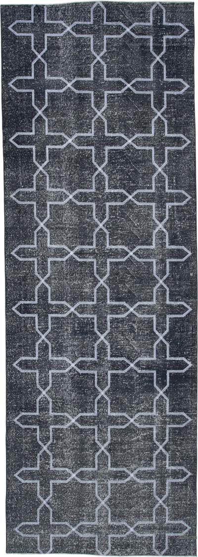 Gri İşlemeli ve Boyalı El Dokuma Vintage Halı - 137 cm x 398 cm