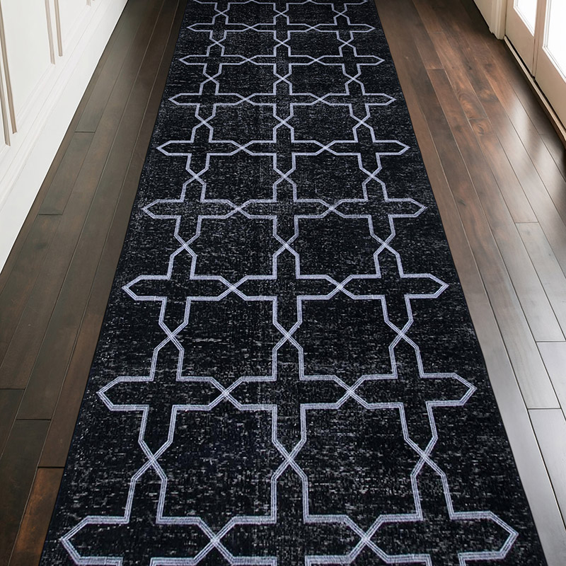 Negro Alfombra Turca bordada sobre teñida vintage - 134 cm x 390 cm - K0038794