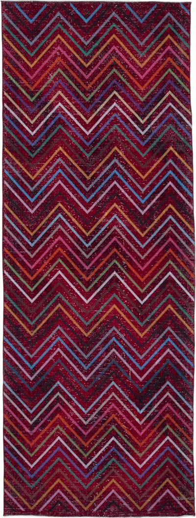 Kırmızı İşlemeli ve Boyalı El Dokuma Vintage Halı - 140 cm x 377 cm