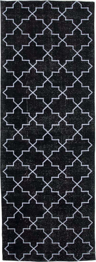 Siyah İşlemeli ve Boyalı El Dokuma Vintage Halı - 145 cm x 400 cm