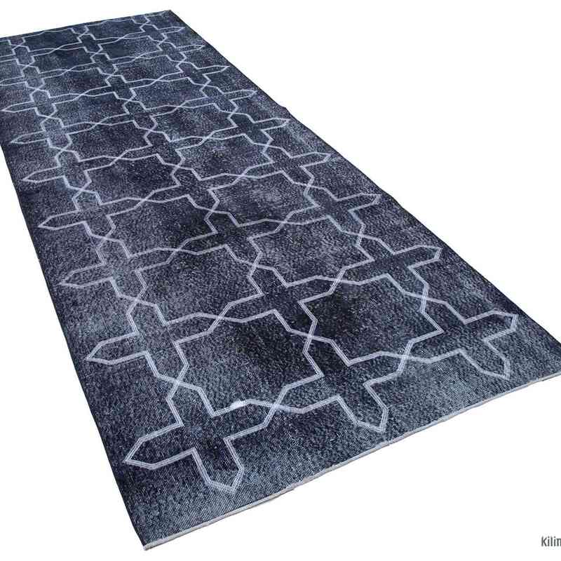 Black Embroidered Over-dyed Turkish Vintage Runner - 4' 7" x 12' 7" (55 in. x 151 in.) - K0038797