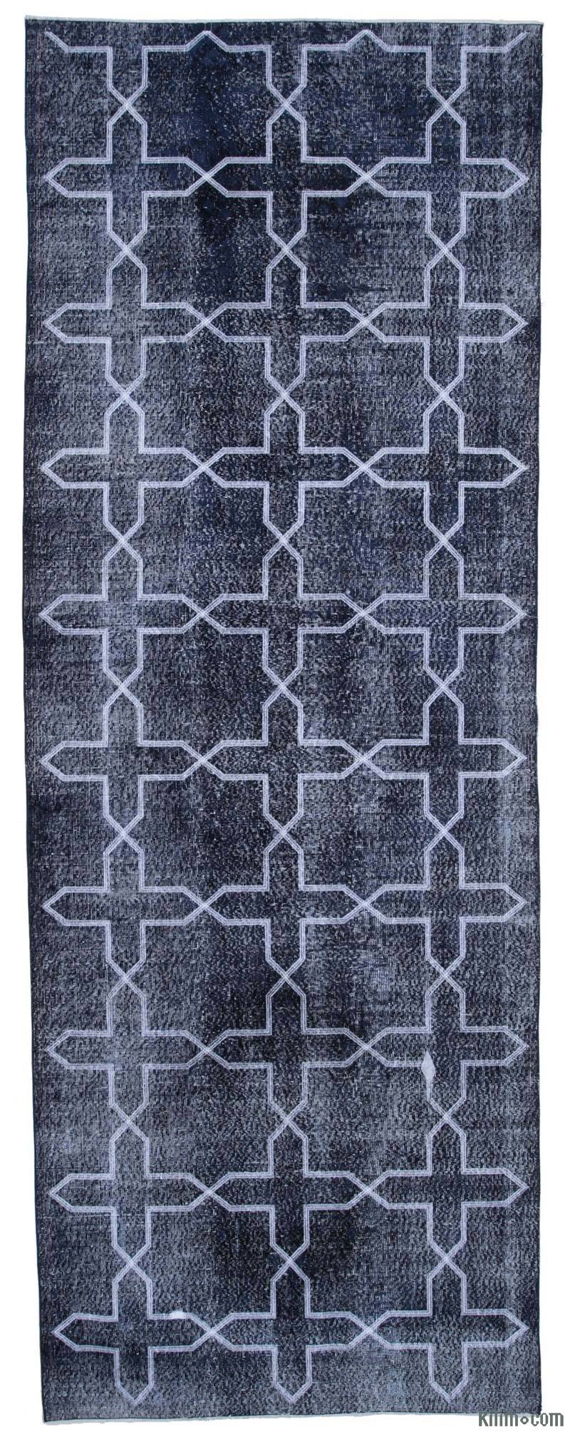Black Embroidered Over-dyed Turkish Vintage Runner - 4' 7" x 12' 7" (55 in. x 151 in.) - K0038797