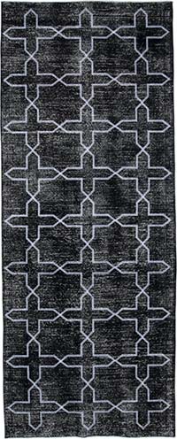 Siyah İşlemeli ve Boyalı El Dokuma Vintage Halı - 148 cm x 371 cm