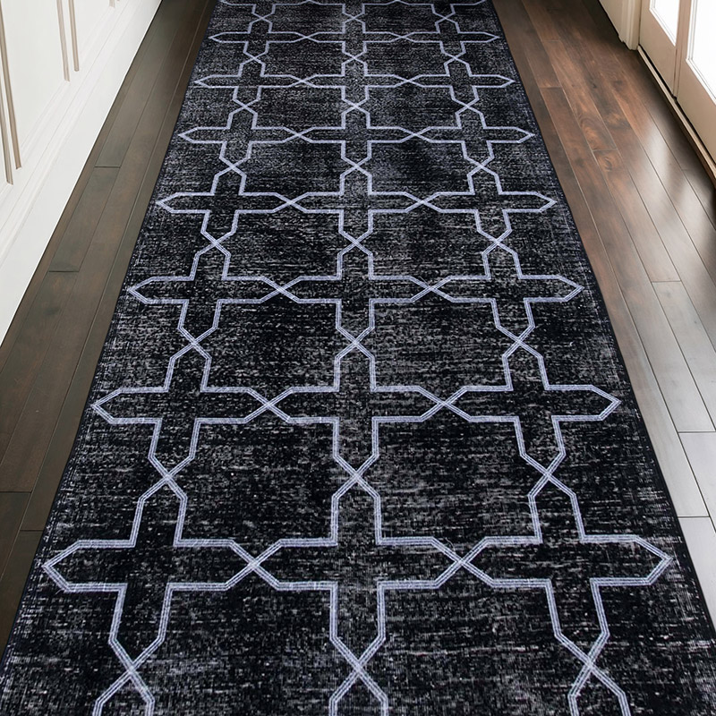 Negro Alfombra Turca bordada sobre teñida vintage - 148 cm x 371 cm - K0038798