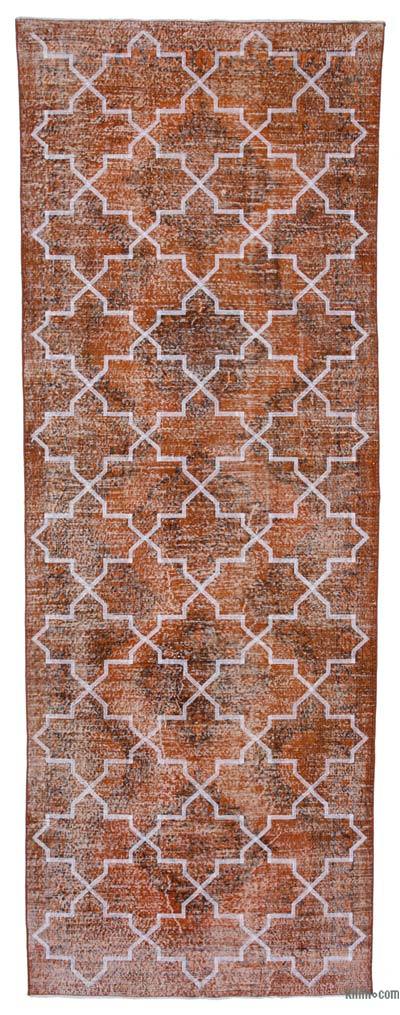 Turuncu İşlemeli ve Boyalı El Dokuma Vintage Halı - 139 cm x 388 cm