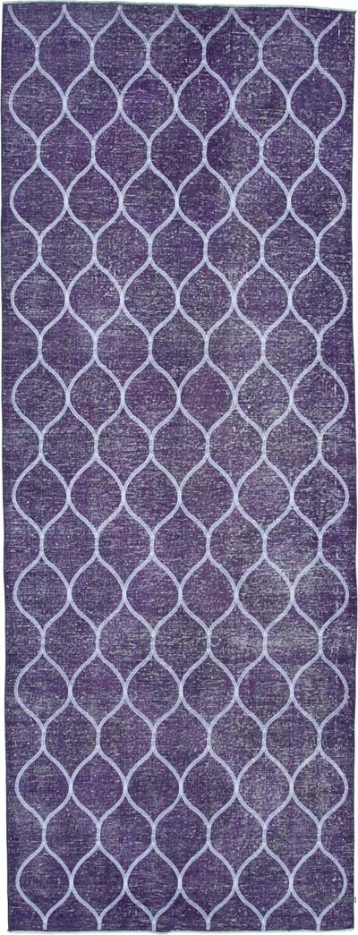 Mor İşlemeli ve Boyalı El Dokuma Vintage Halı - 145 cm x 379 cm