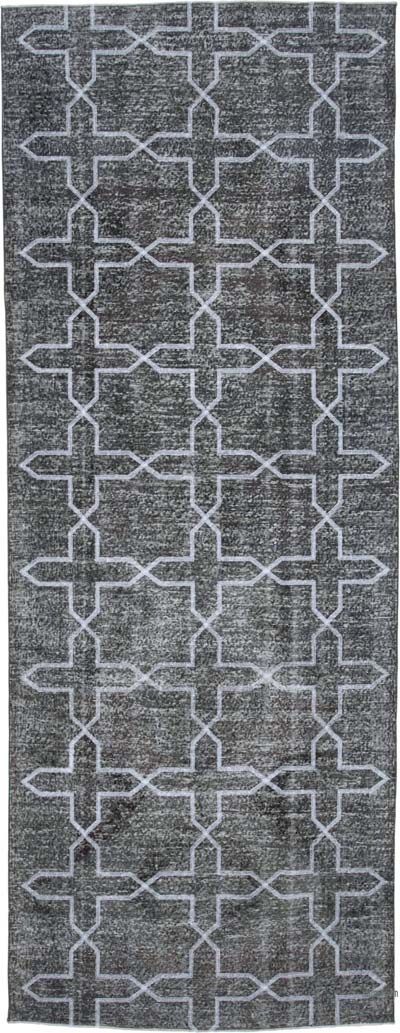 Gri İşlemeli ve Boyalı El Dokuma Vintage Halı - 147 cm x 387 cm