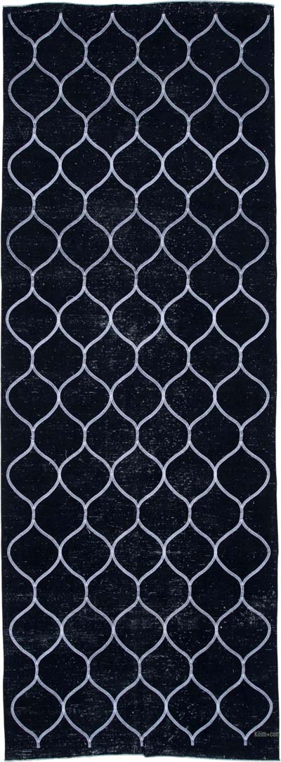 Siyah İşlemeli ve Boyalı El Dokuma Vintage Halı - 141 cm x 386 cm